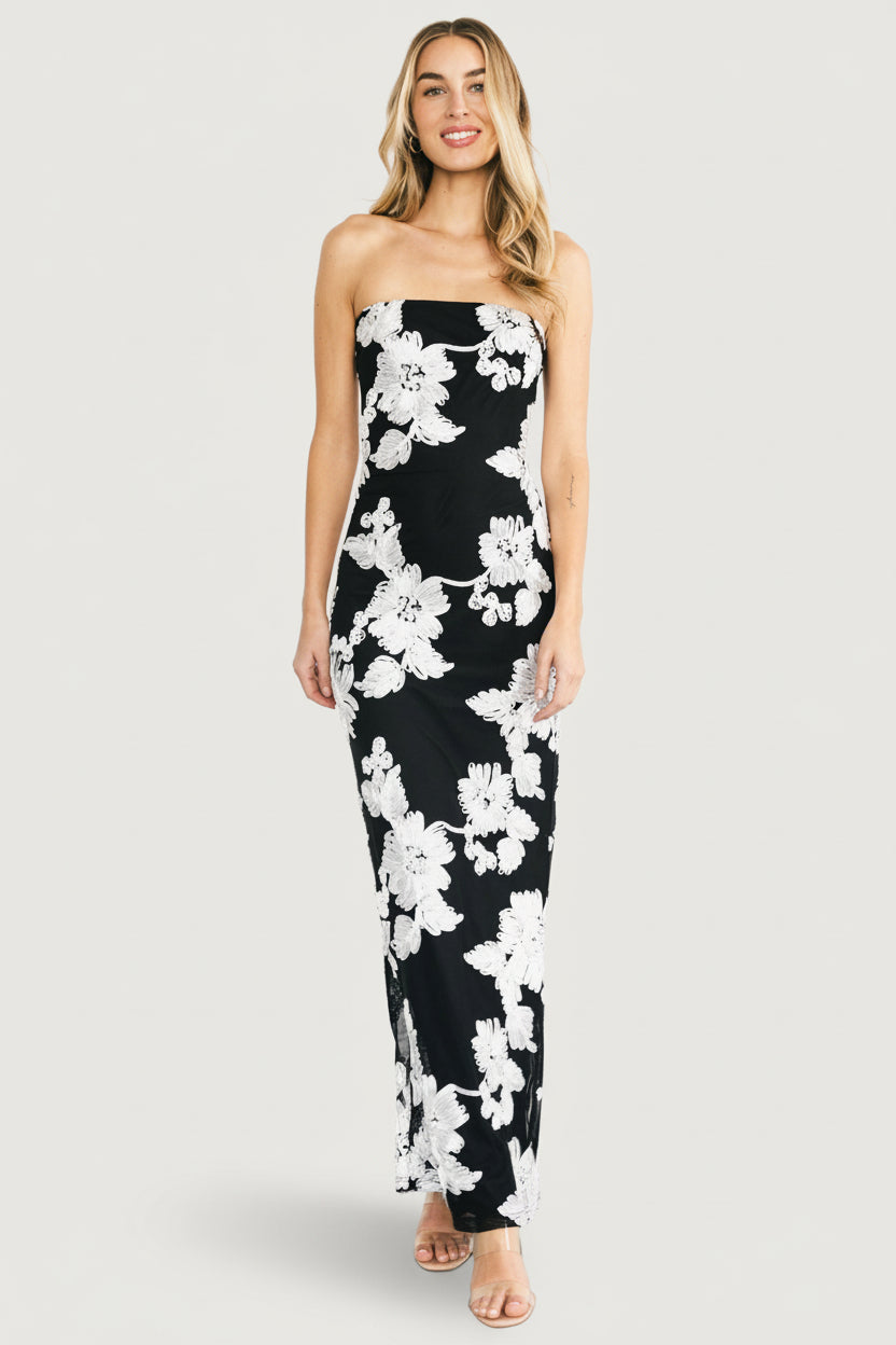 black and white strapless dress Remmie Maxi Black and White Contrast Strapless Satin Midi Dress How to style Strapless White and Black Ruched