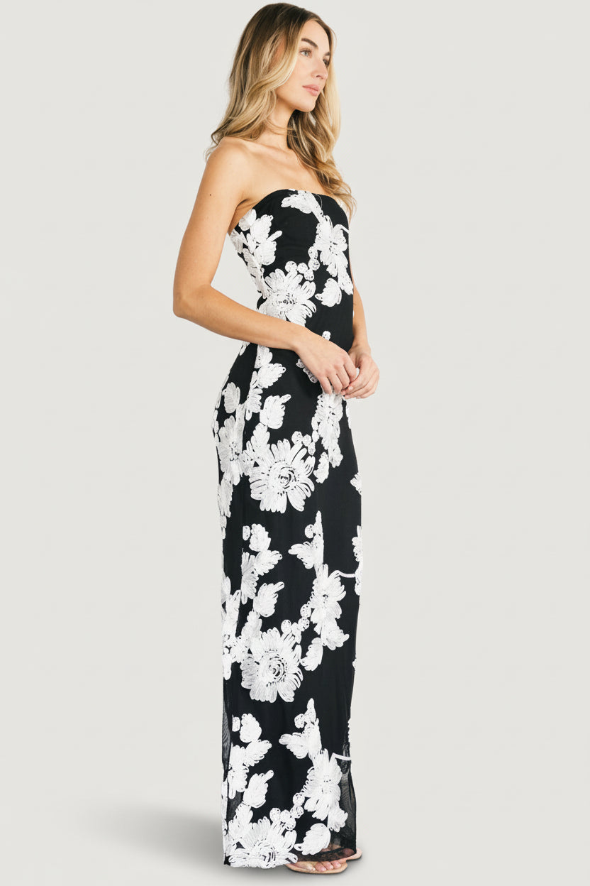 Strapless Maxi Dress in Black & White Floral | Baltic Born S Strapless Maxi Dress in Black & White Floral | Baltic Born S