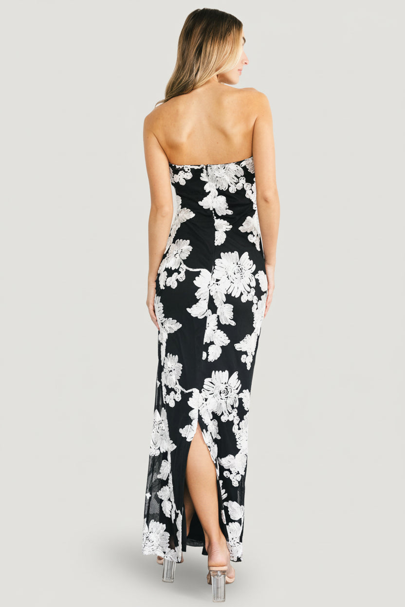 Strapless Maxi Dress in Black & White Floral | Baltic Born S Strapless Maxi Dress in Black & White Floral | Baltic Born S