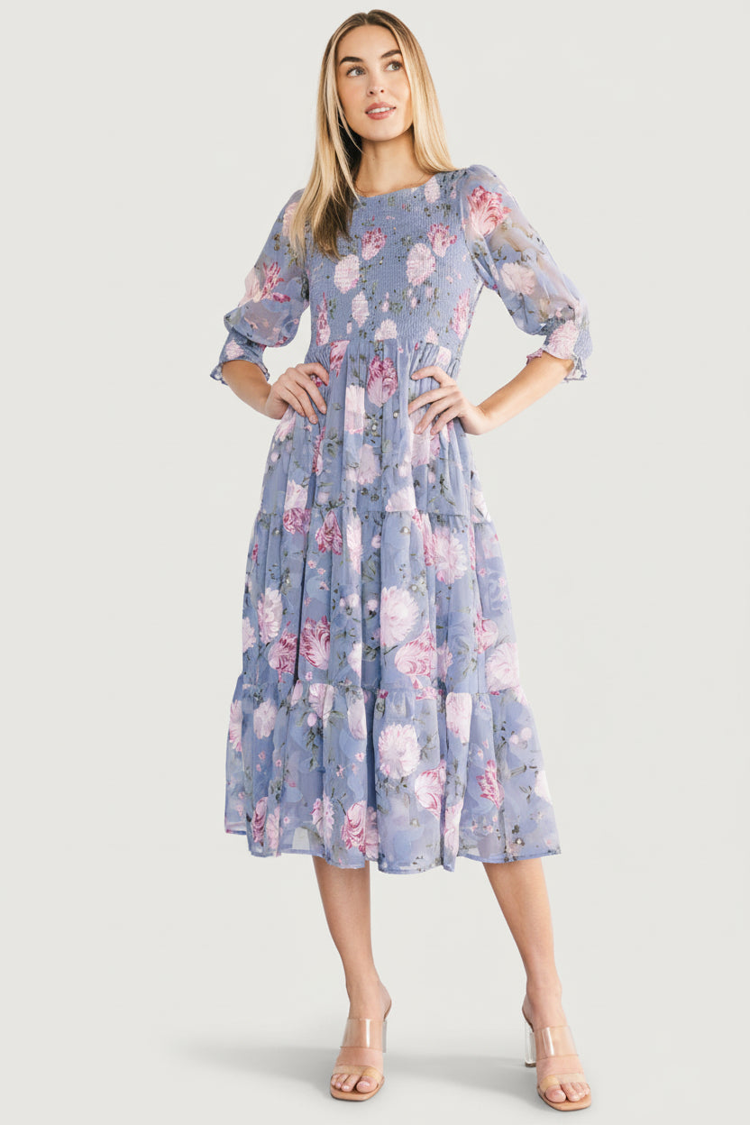 Nellie Smocked Midi Dress | Dusty Blue Floral