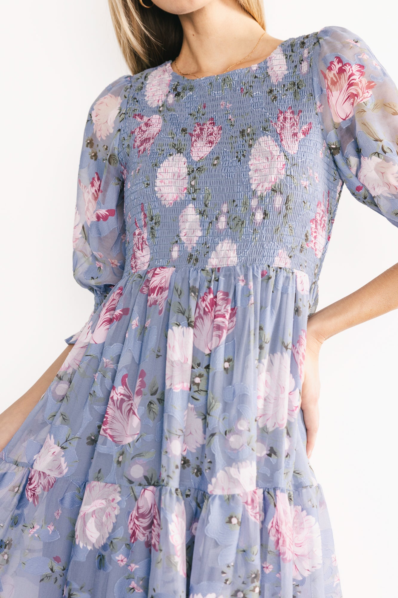 Nellie Smocked Midi Dress — Dusty Blue Floral