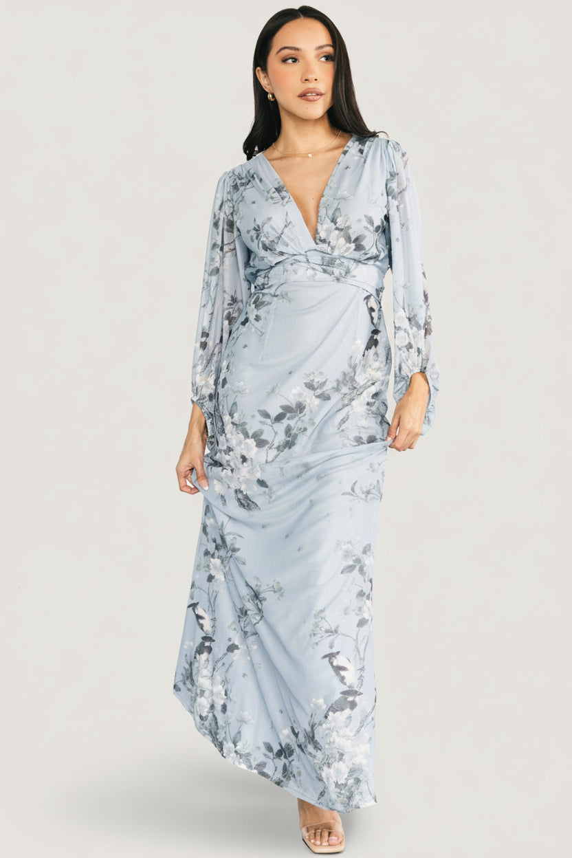 Full-length front view of light-blue floral mesh maxi dress on model, showing V-neck, pleated bust and flowing skirt.