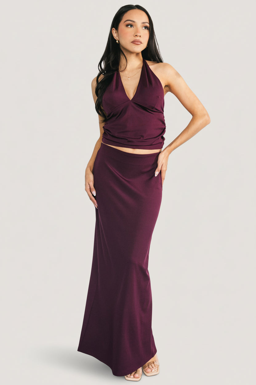 art deco cocktail dress with halter neck in dusty emerald Amedeo Plunge Halter Neck Maxi Dress main image 0