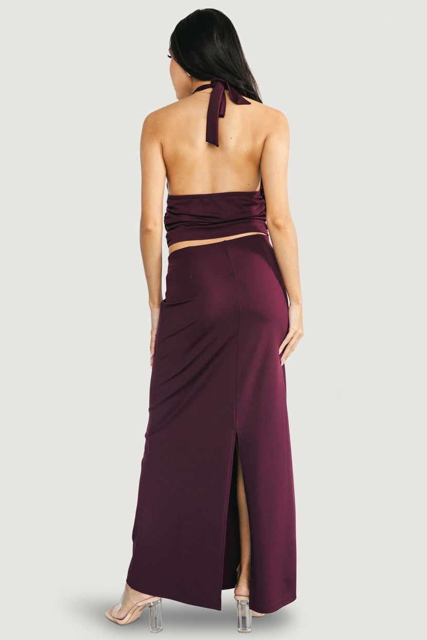 Full-length image of the mulberry Zaria two-piece set, illustrating maxi length, fitted skirt, and ease of movement with a back slit.