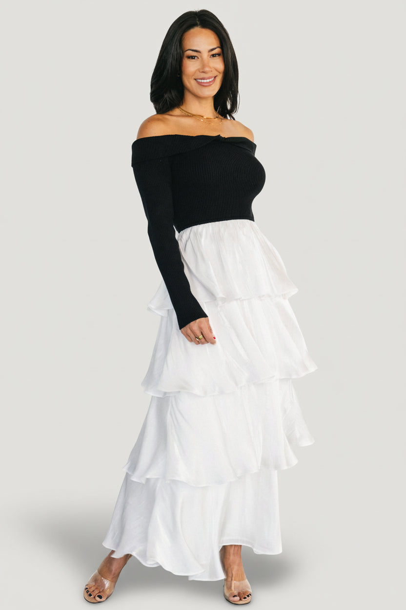 Maelie Tiered Maxi Dress Black & White Satin | Baltic Born M Maelie Tiered Maxi Dress Black & White Satin | Baltic Born M