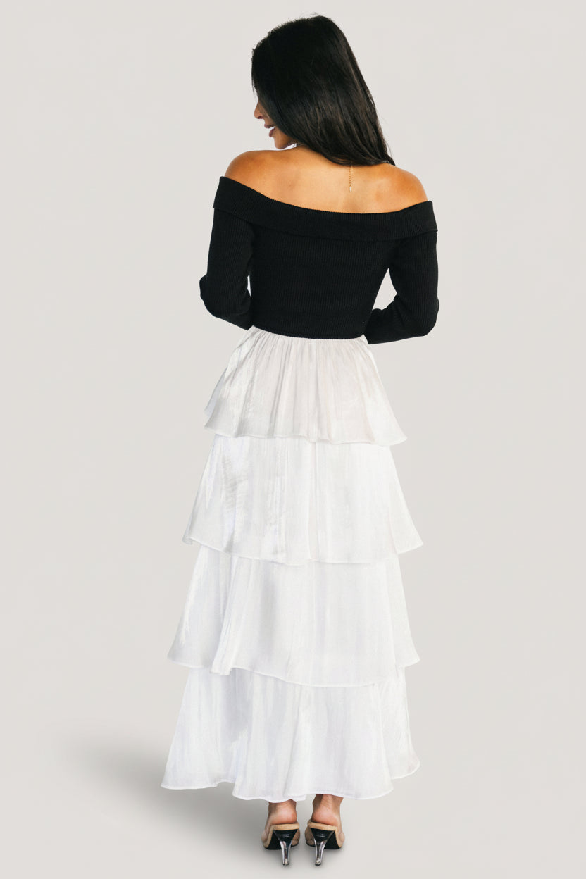 Maelie Tiered Maxi Dress — Black & White Satin