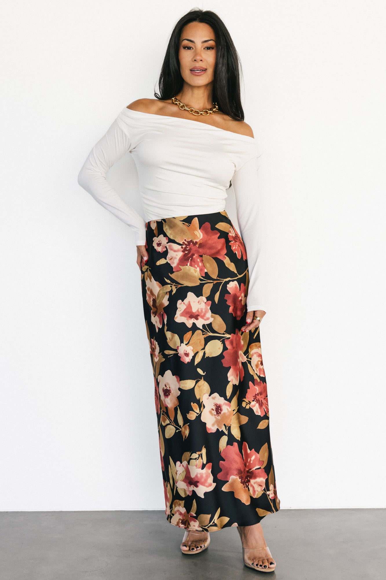 Cosette Satin Midi Skirt | Black Floral