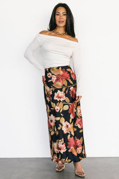 Cosette Satin Midi Skirt | Black Floral