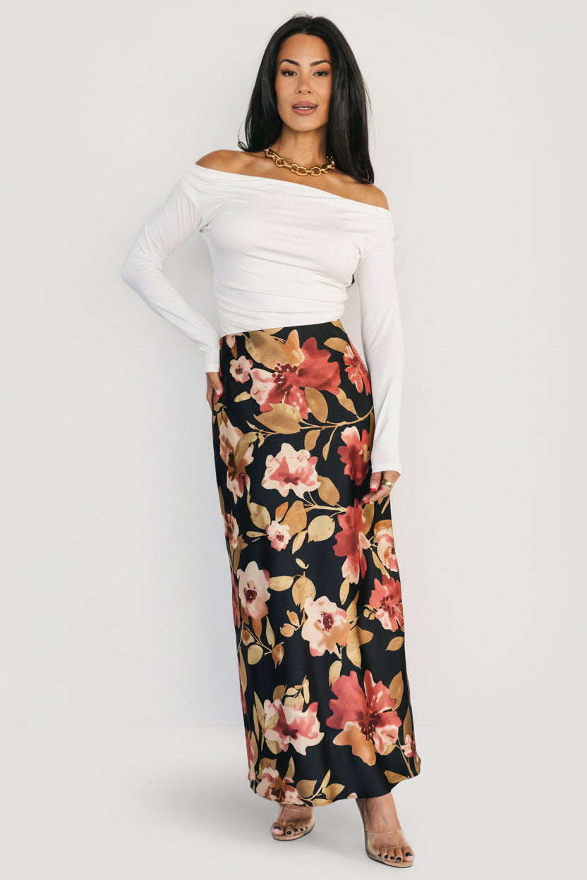 Cosette Satin Midi Skirt | Black Floral