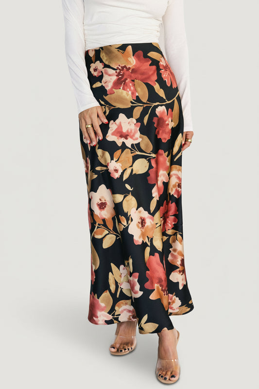 Cosette Satin Midi Skirt | Black Floral