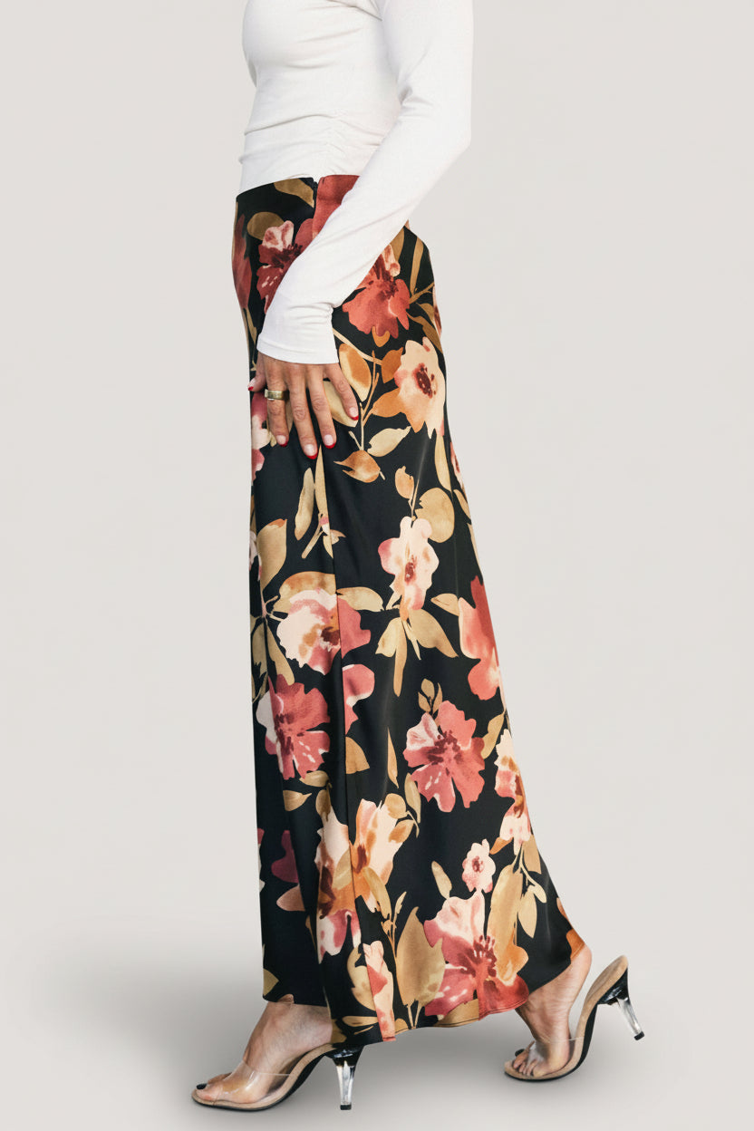 Cosette Satin Midi Skirt | Black Floral