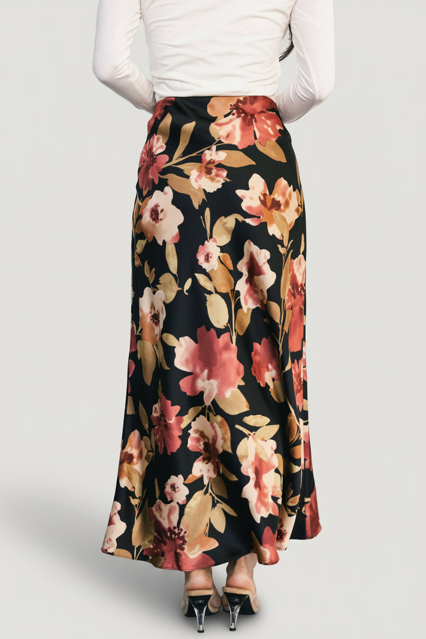 Cosette Satin Midi Skirt | Black Floral