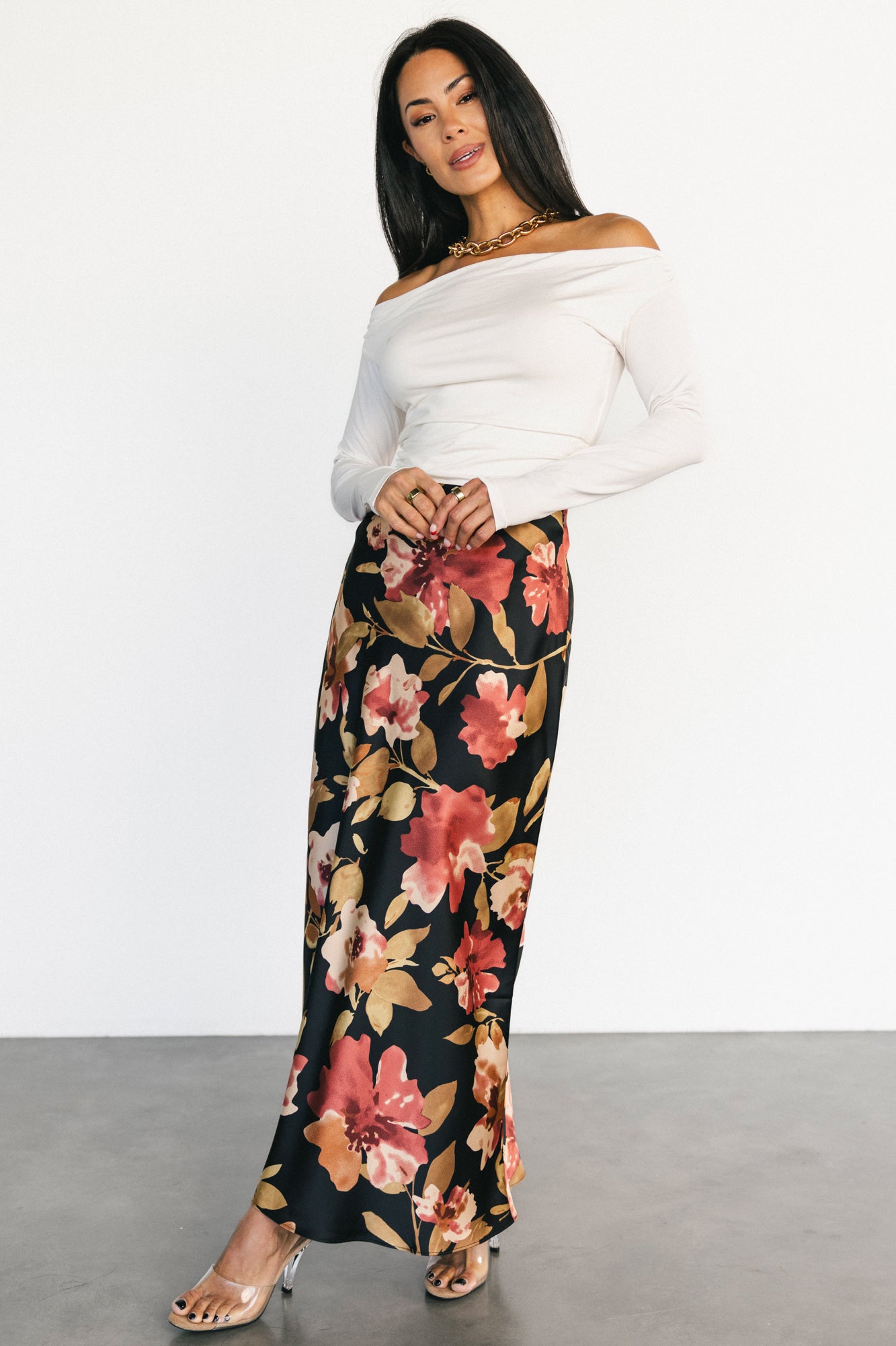Cosette Satin Midi Skirt | Black Floral