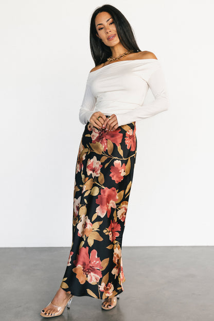 Cosette Satin Midi Skirt | Black Floral
