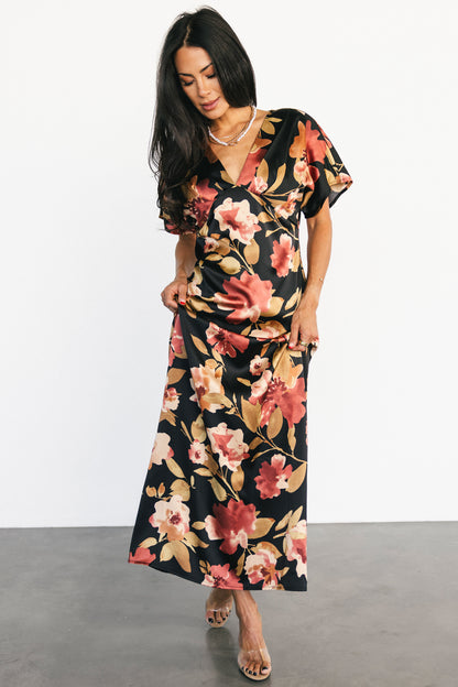 Milana Satin Maxi Dress | Black Floral