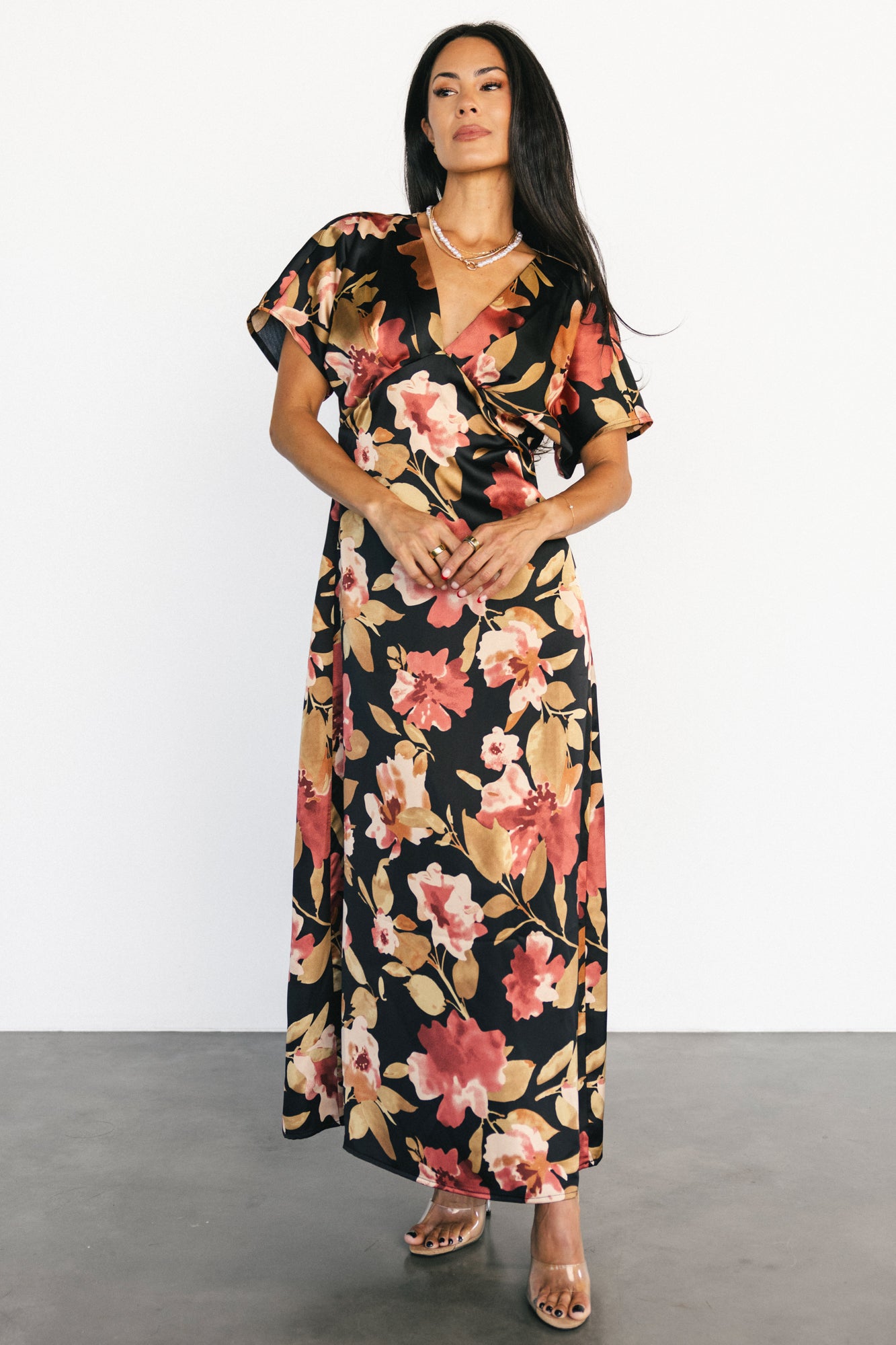 Milana Satin Maxi Dress | Black Floral