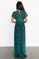 Close-up detail of the velvet burnout mesh floral print on the emerald Kimberly maxi dress, showing texture and semi-sheer contrast.