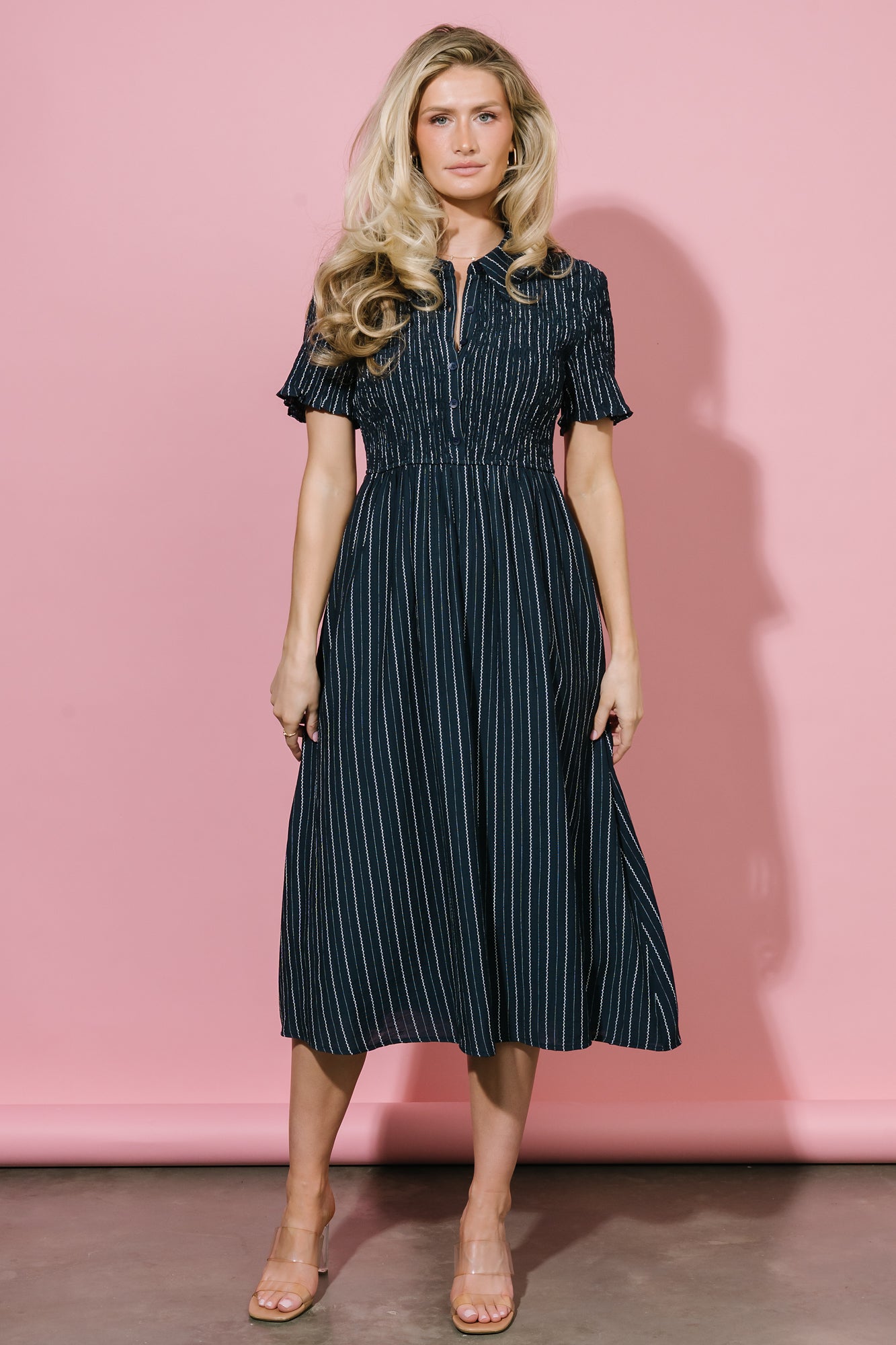 Baltic Born Womens Dottie Striped Midi Dress | Navy Baltic Born Womens Dottie Striped Midi Dress | Navy