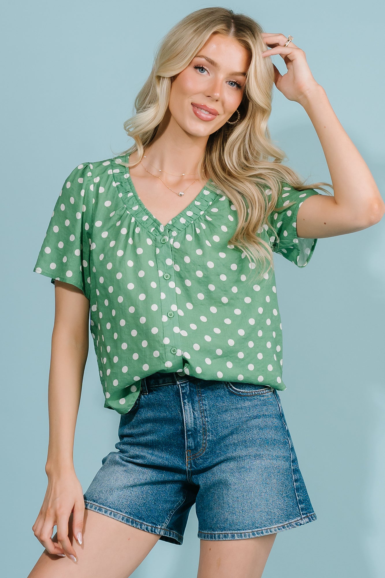 Posy Button Up Top | Green Dot