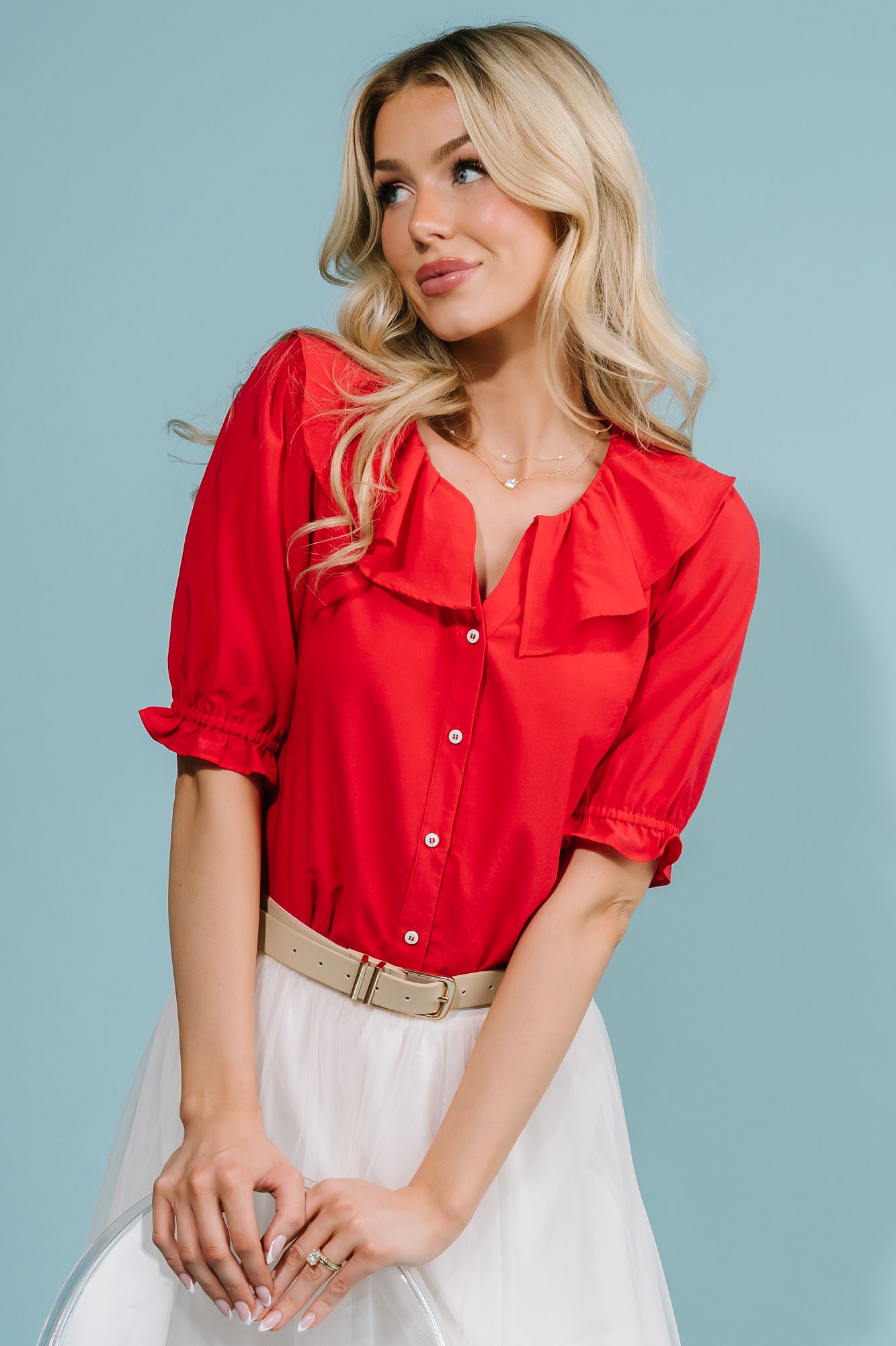Daisy Ruffle Button Up Top | Red