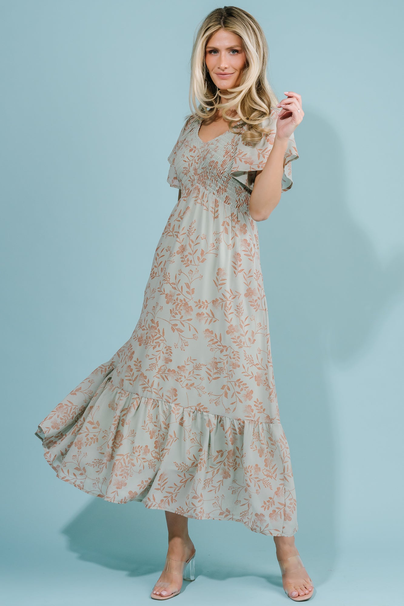Baltic Born Womens Monica Smocked Dress | Dusty Sage + Terracotta | Size: XL Baltic Born Womens Monica Smocked Dress | Dusty Sage + Terracotta | Size: XL