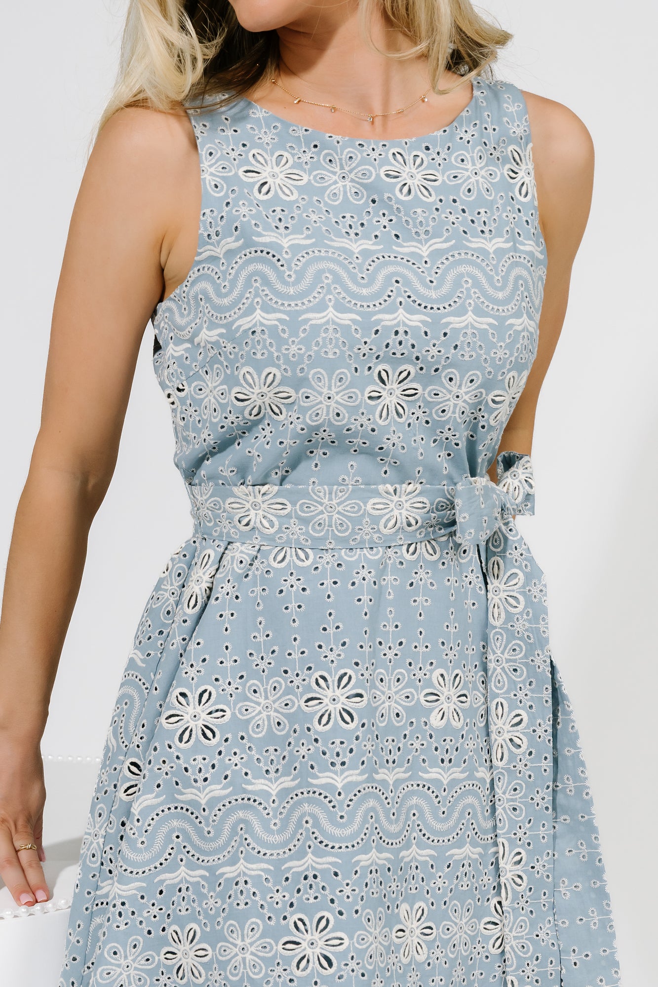 Celestia Eyelet Short Dress | Blue + Ivory