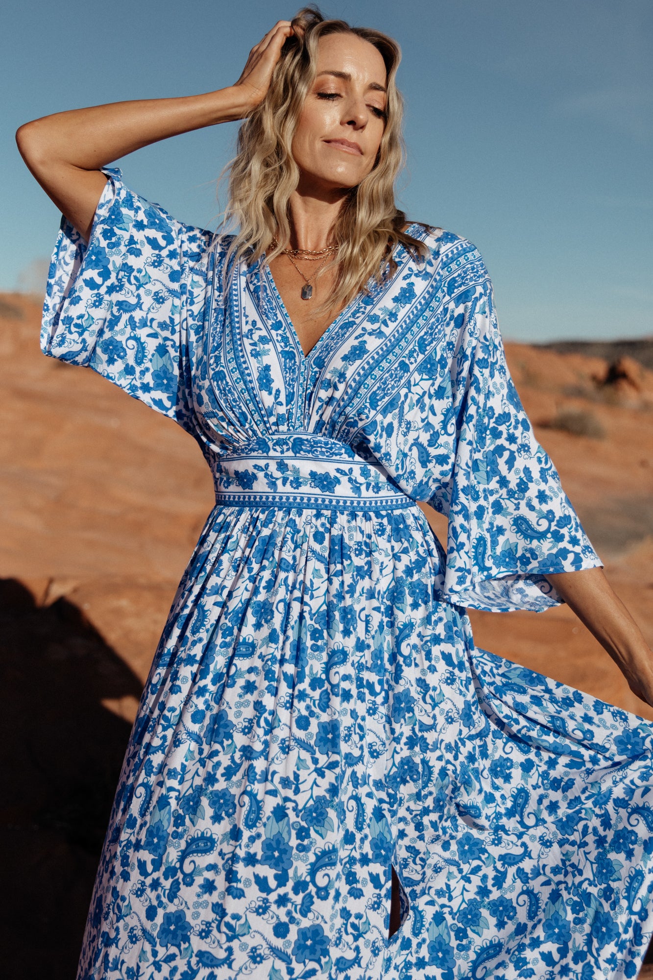Baltic Born Womens Watson Kimono Maxi Dress | Blue + White