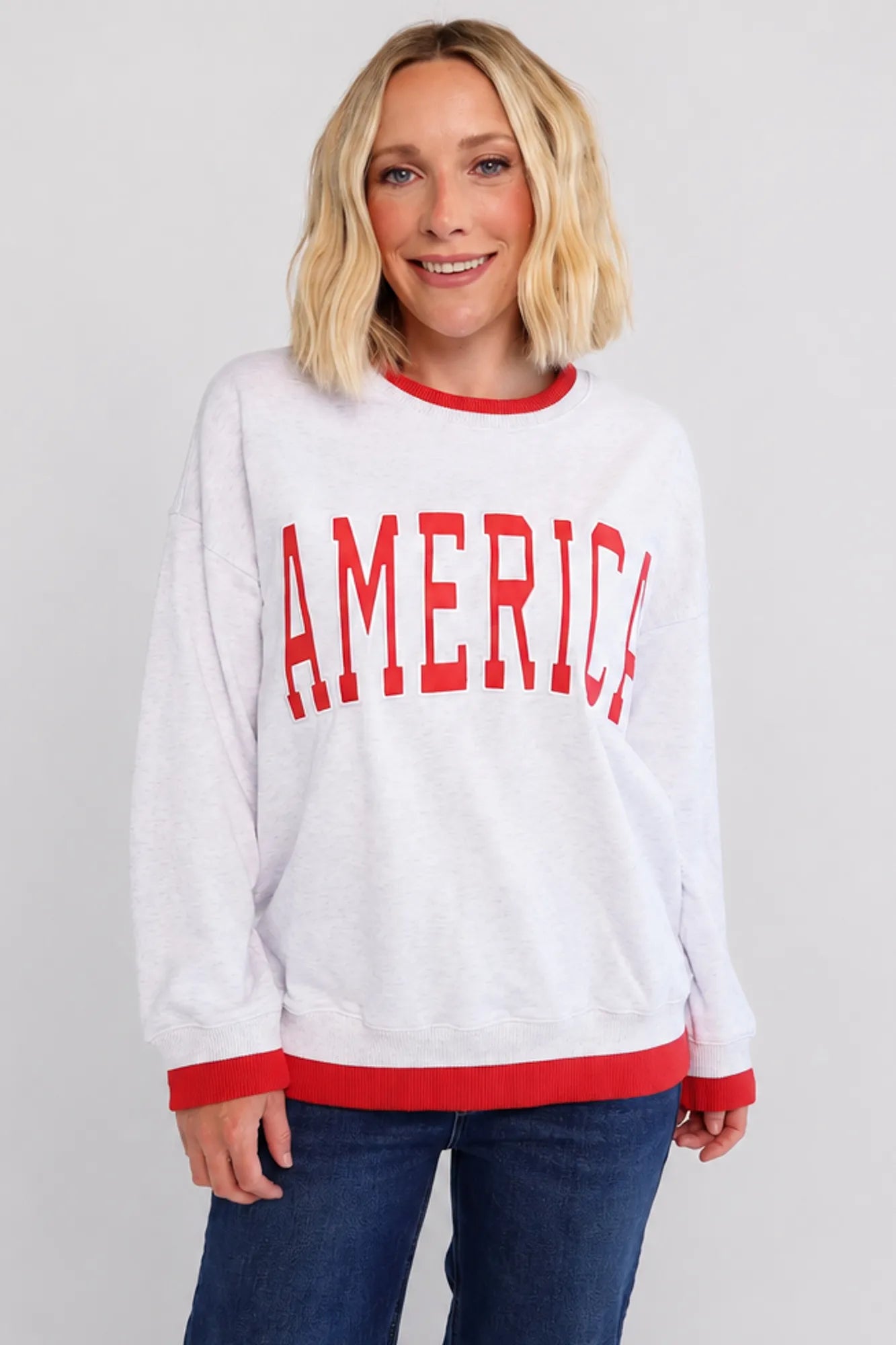 Americana graphic sweatshirt shown on a model