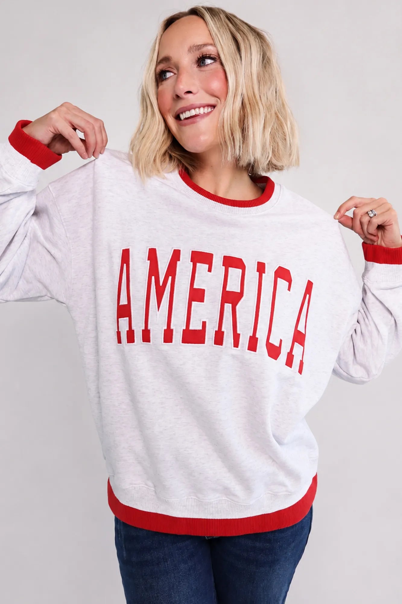Americana graphic sweatshirt shown on a model