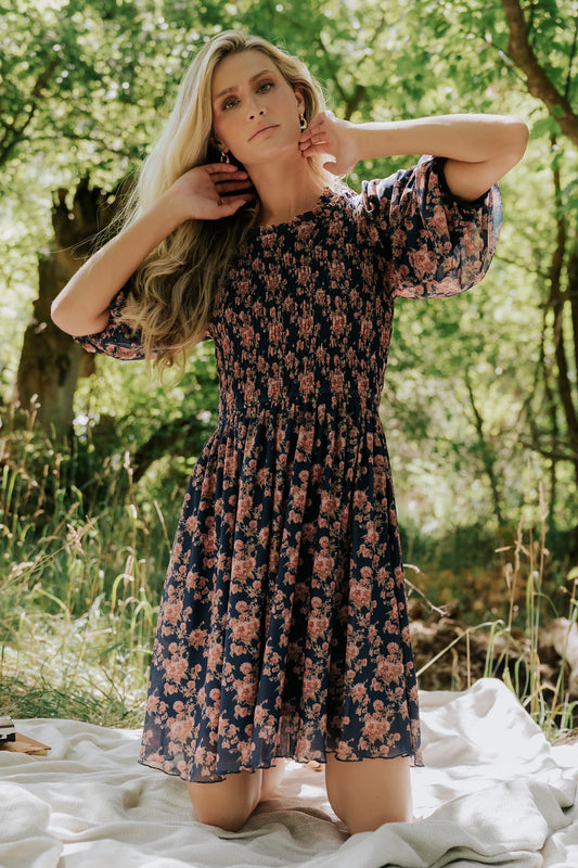 Lyric Smocked Short Dress | Navy Floral