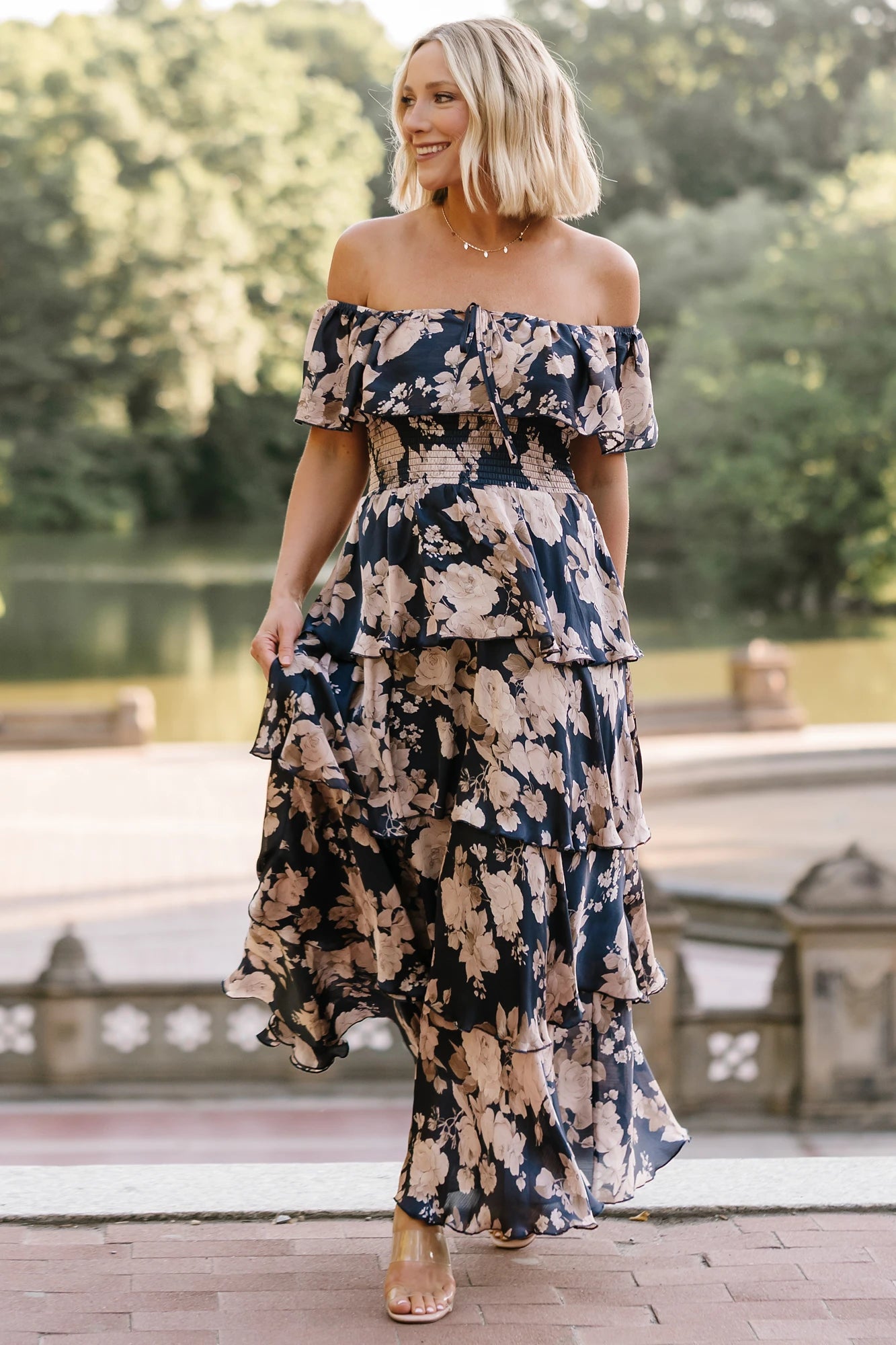 Isabelle Off Shoulder Maxi Dress | Navy + Taupe Floral