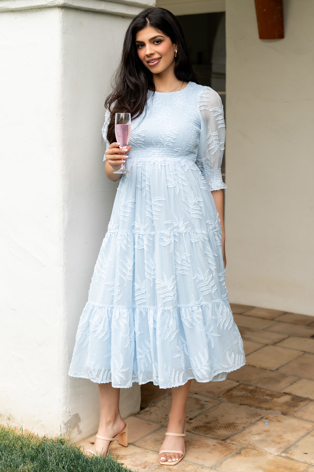 Nellie Smocked Midi Dress — Light Blue Chiffon