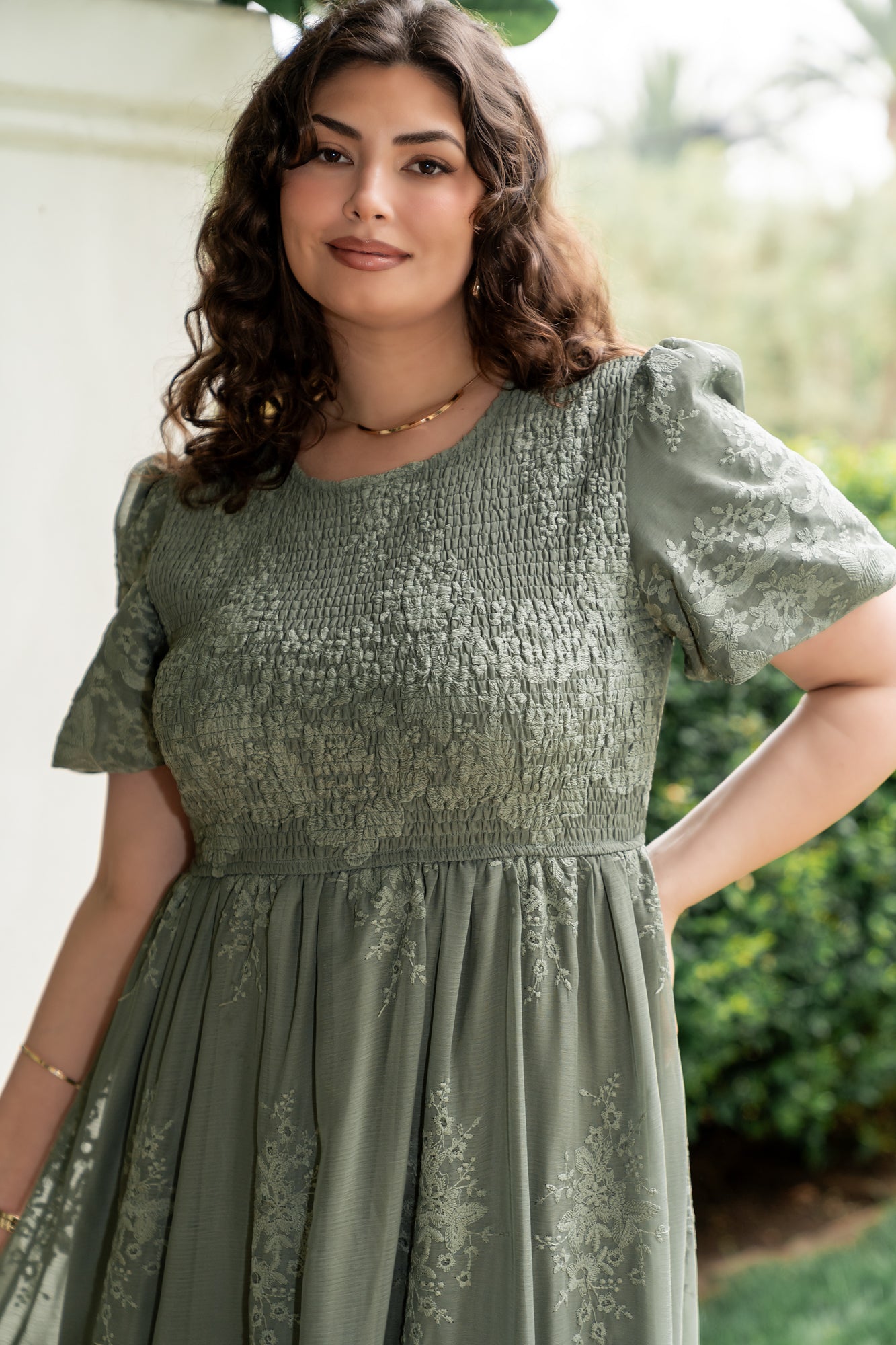Baltic Born Womens Corrine Embroidered Midi Dress | Deep Sage