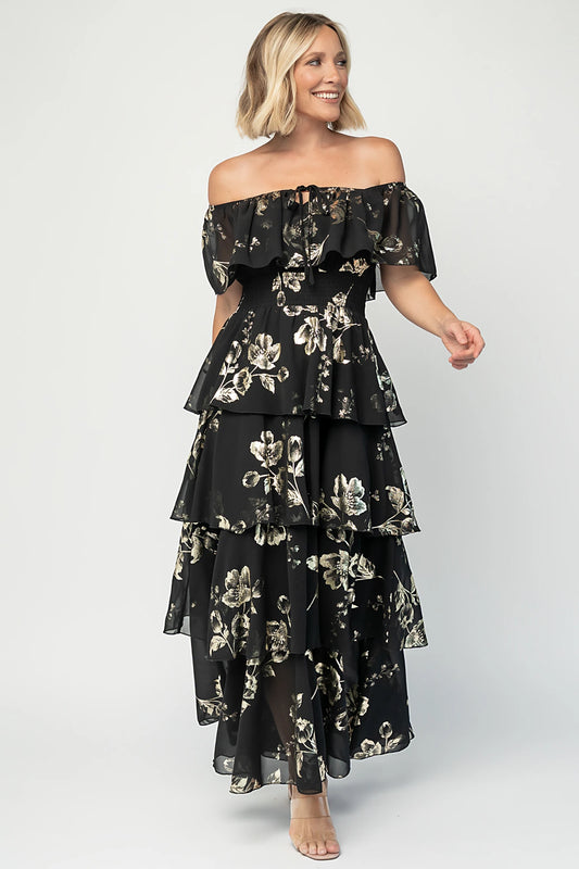 Carina Off Shoulder Maxi Dress | Black + Gold