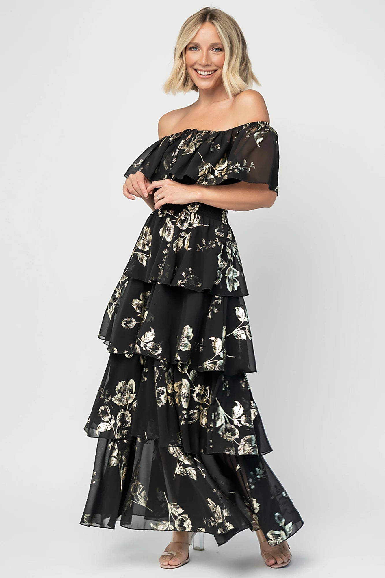 Carina Off Shoulder Maxi Dress | Black + Gold