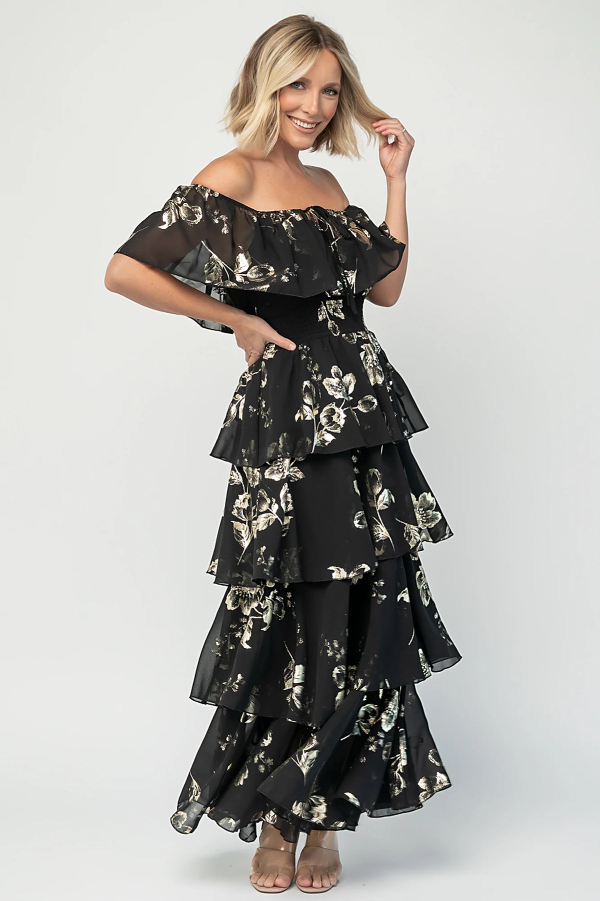 Carina Off Shoulder Maxi Dress | Black + Gold