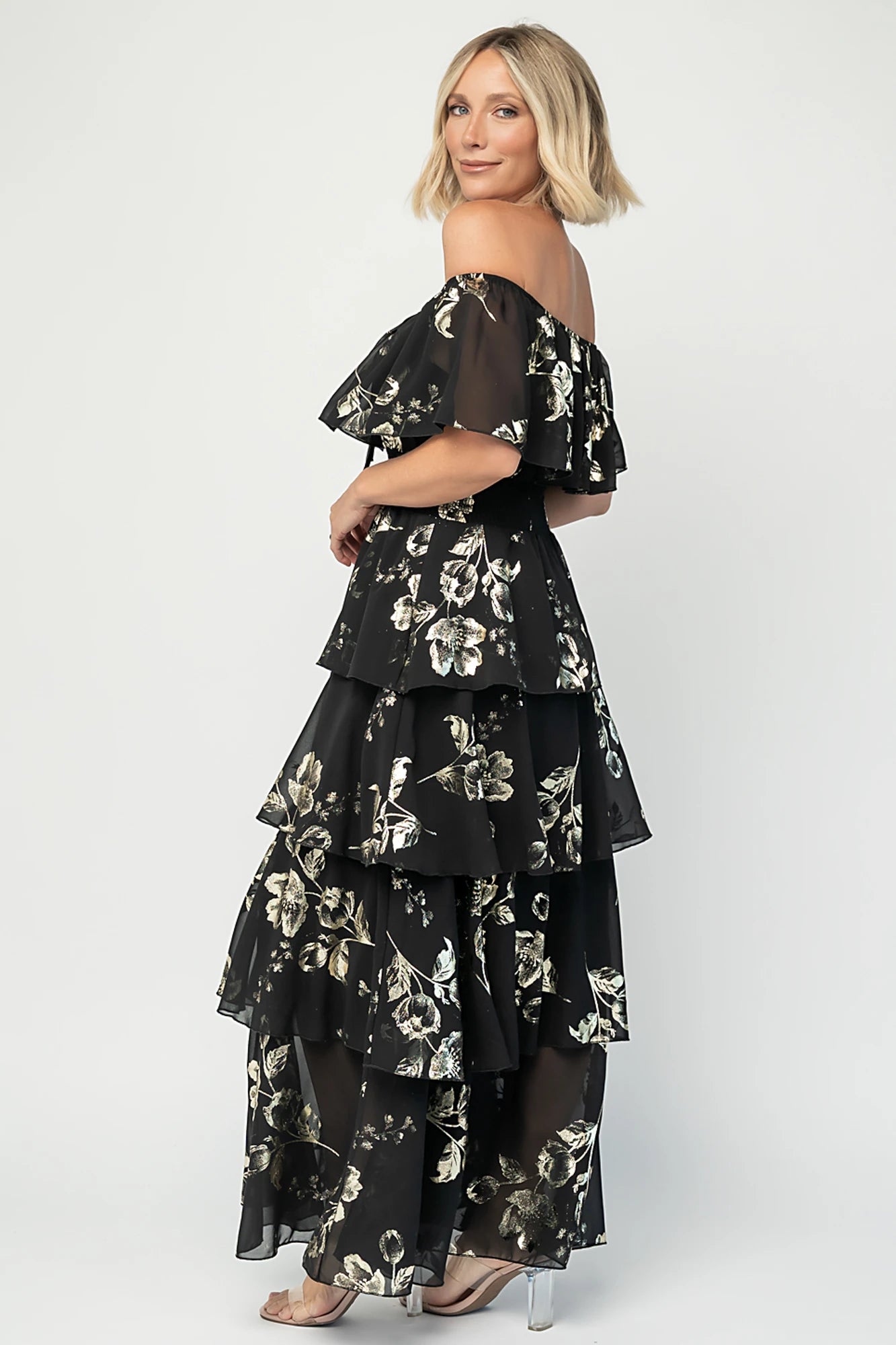 Carina Off Shoulder Maxi Dress | Black + Gold