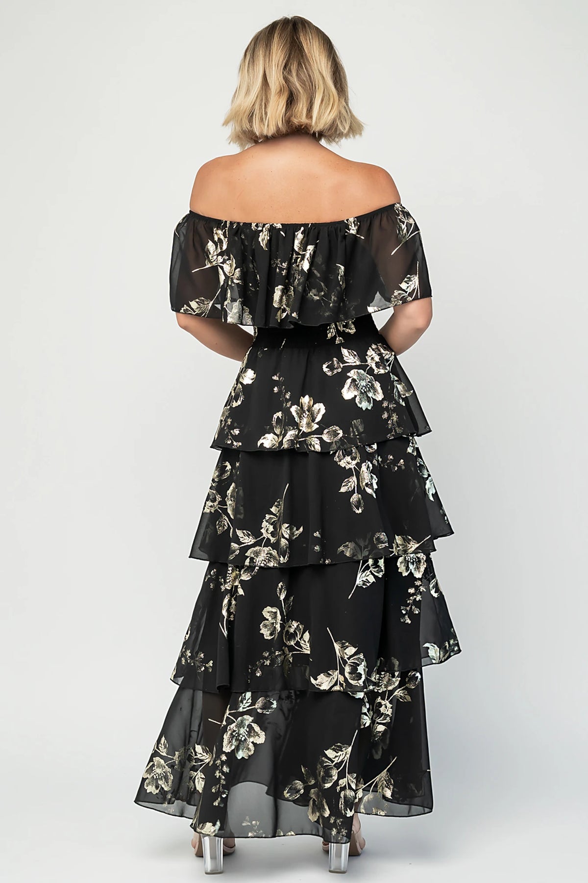 Carina Off Shoulder Maxi Dress | Black + Gold