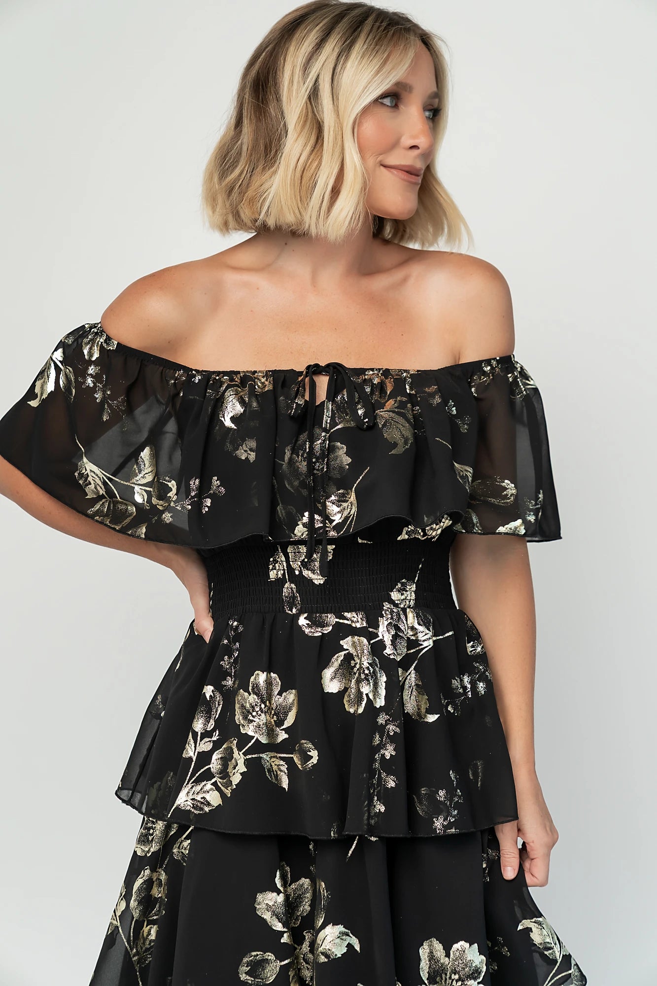 Carina Off Shoulder Maxi Dress | Black + Gold