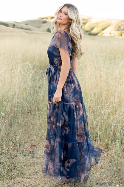 Nicola Tulle Maxi Dress | Dark Blue Floral