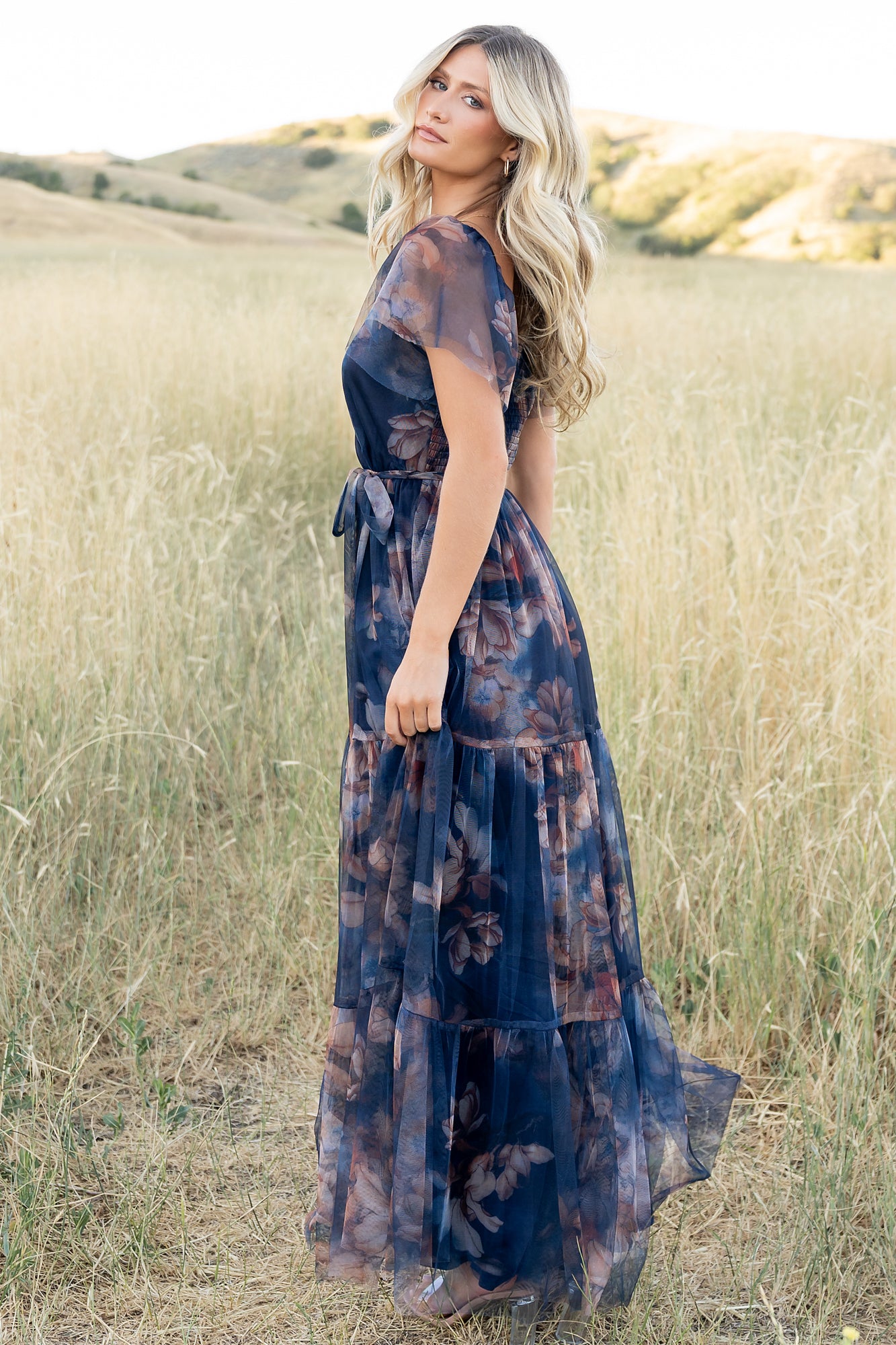 Baltic Born Womens Nicola Tulle Maxi Dress | Dark Blue Floral Baltic Born Womens Nicola Tulle Maxi Dress | Dark Blue Floral