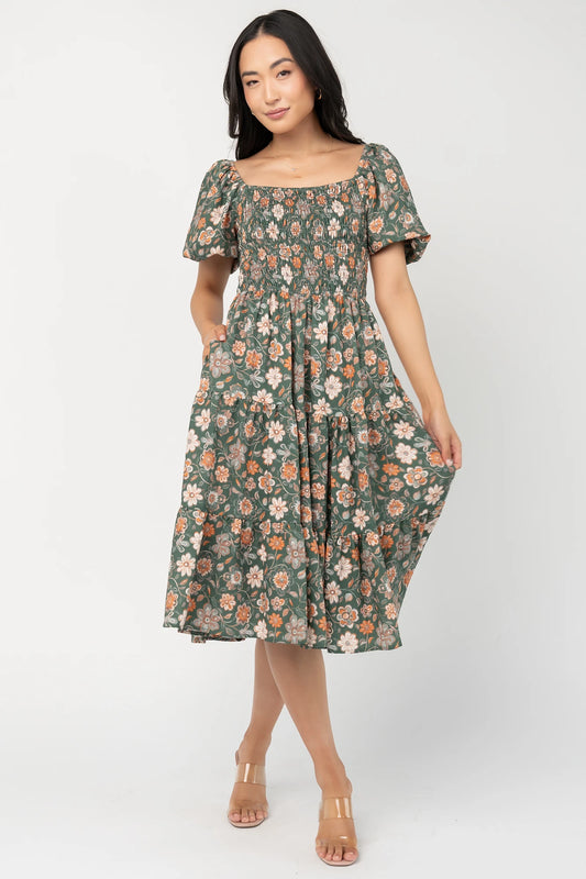 Mattea Smocked Midi Dress | Green Multi