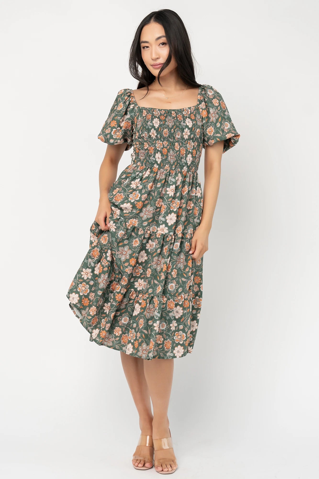 Mattea Smocked Midi Dress | Green Multi