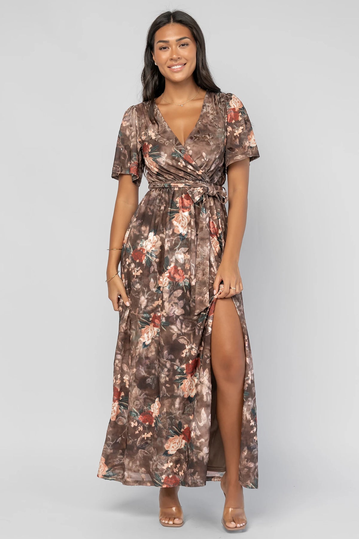 Uma Velvet Maxi Dress | Brown Floral