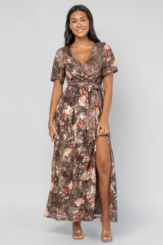 Uma Velvet Maxi Dress | Brown Floral
