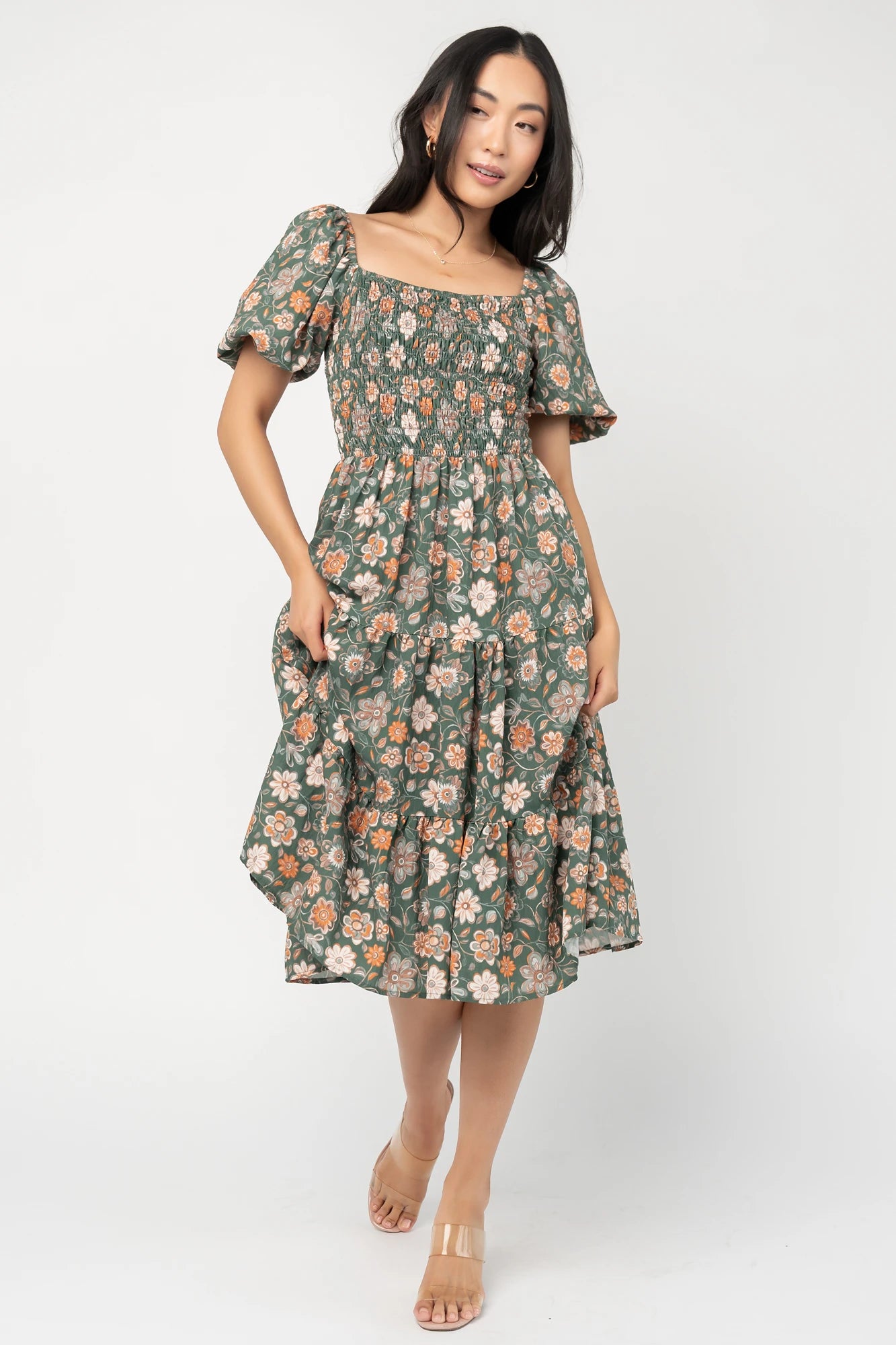 Mattea Smocked Midi Dress | Green Multi