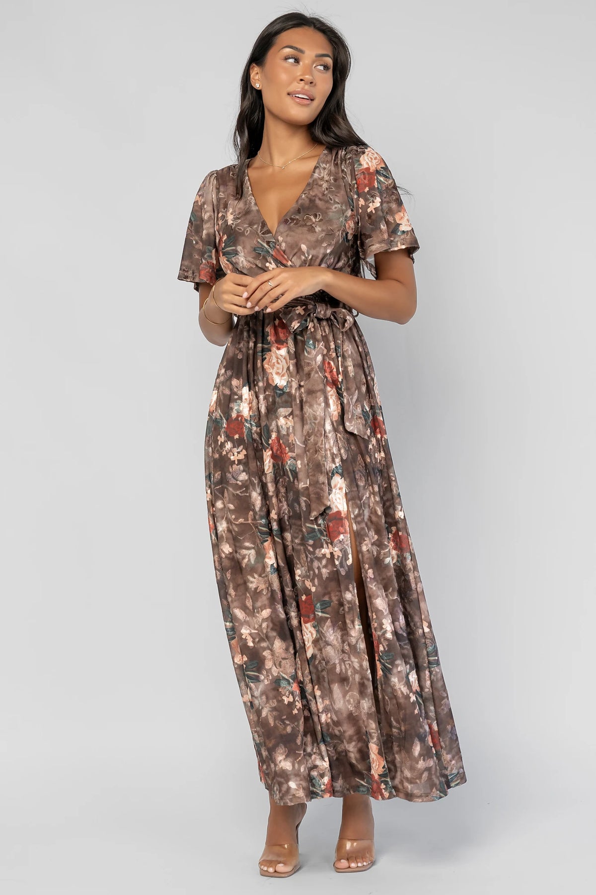 Uma Velvet Maxi Dress | Brown Floral
