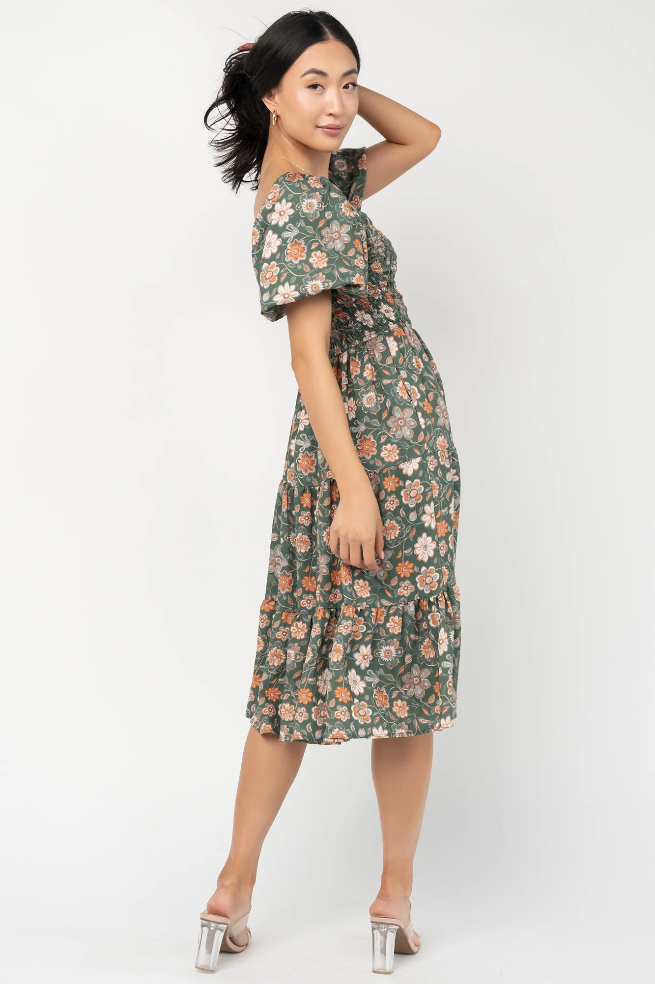 Mattea Smocked Midi Dress | Green Multi