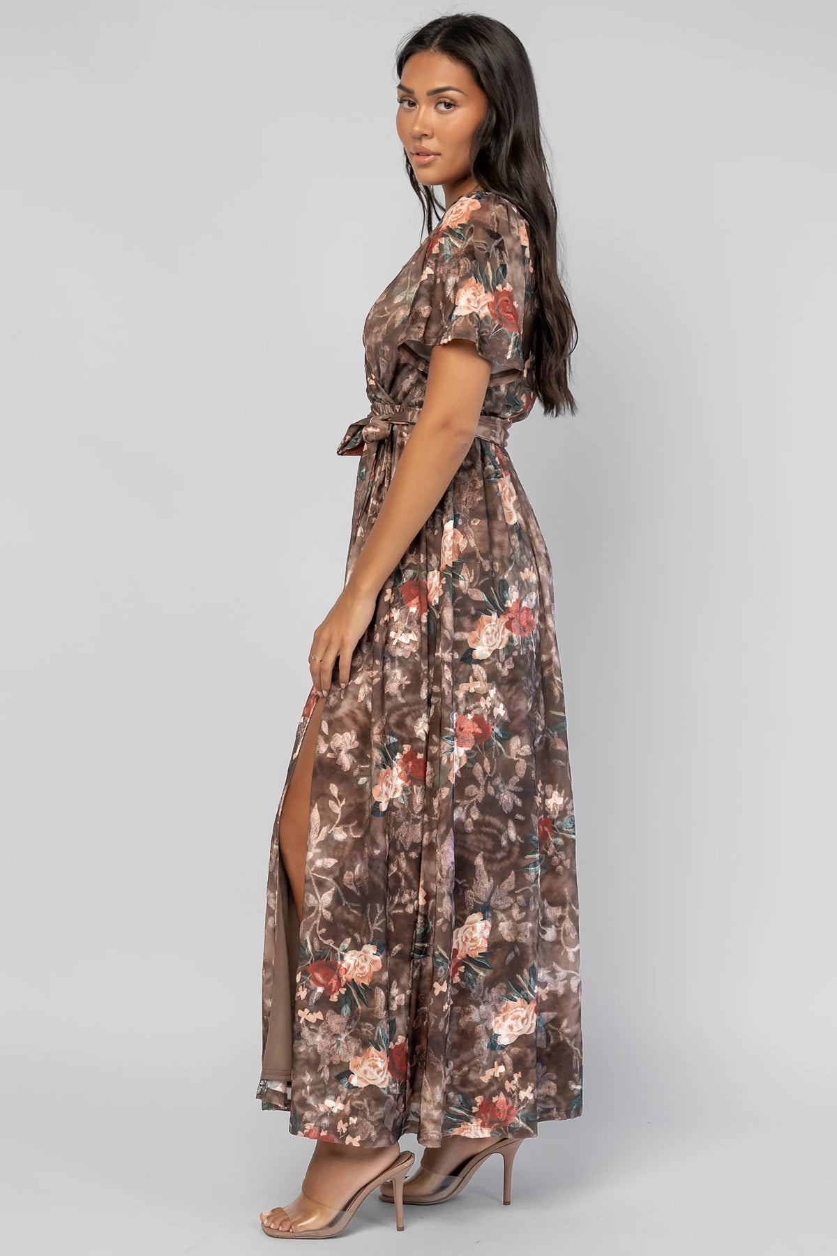 Uma Velvet Maxi Dress | Brown Floral
