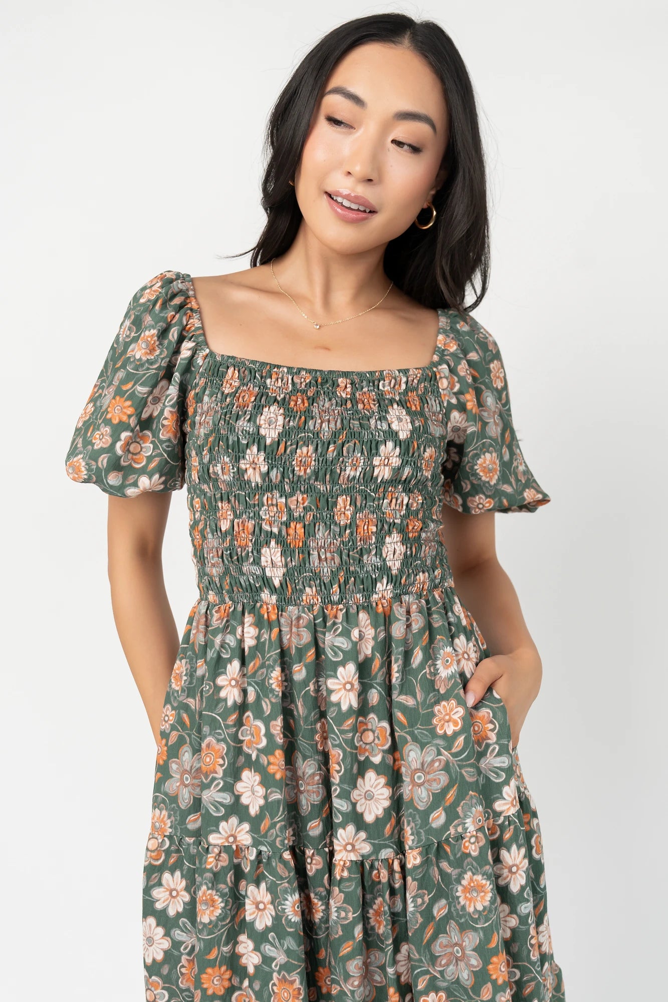 Mattea Smocked Midi Dress | Green Multi